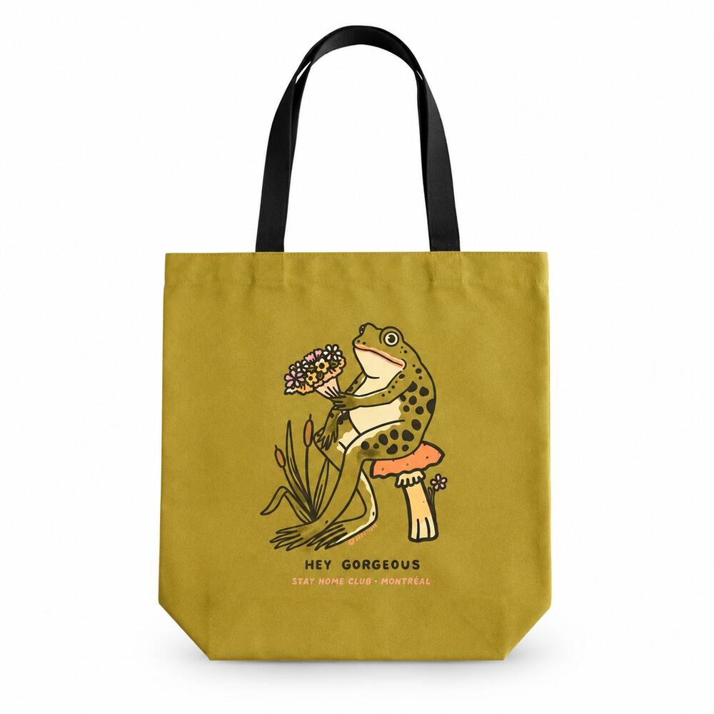 Stay Home Club Hey Gorgeous Frog Tote Bag Mustard Yellow Canvas Montreal - Picture 11 of 11